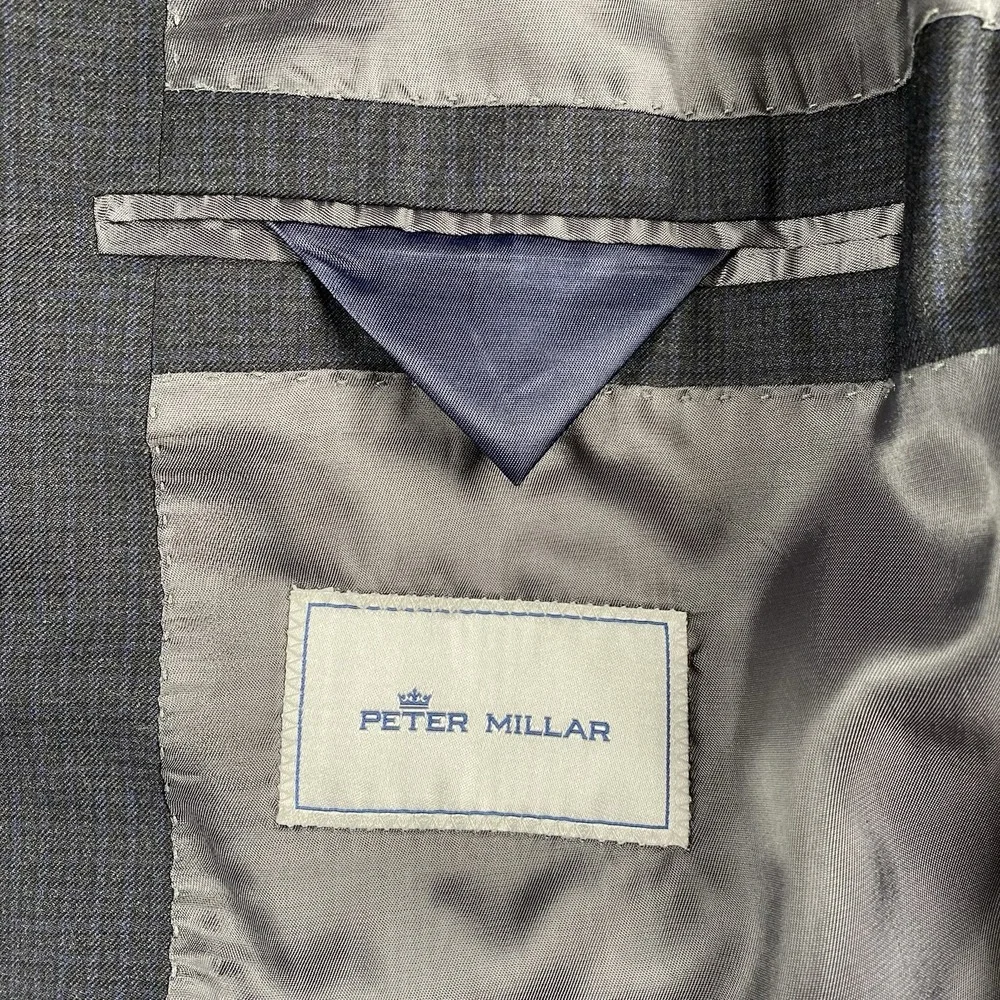 Peter Millar Blazer Mens 48R Blue Grey Wool Check Sport Coat Jacket Union *READ*